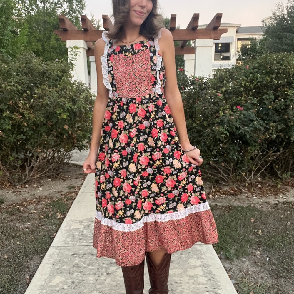 Vintage 70’s Cotton Floral Midi Dress, S/M Boho Prairie Hippie Cottage